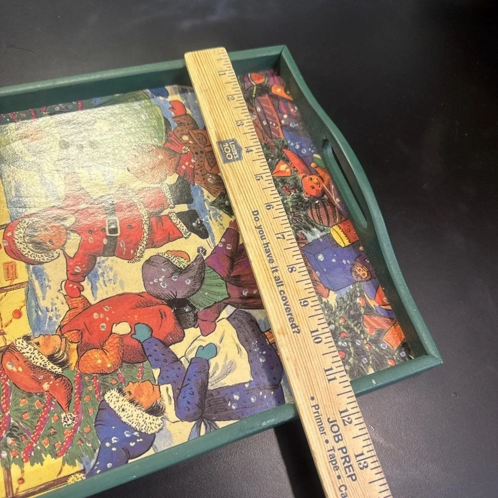 Vintage Christmas Serving Tray Decor Green Wood Children Dancing‎ Illustration
